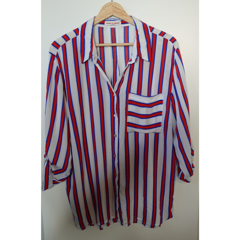 Grand & Greene Shirt Womens XL Red Striped Button Up Rayon‎ Pocket Casual Top